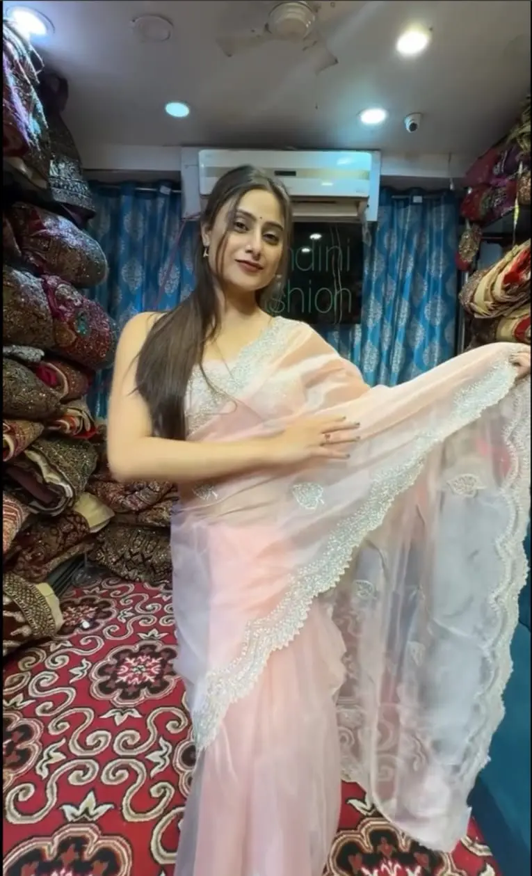 Peach Net Saree with Pearl Embroidery - Partywear Saree Peach Net Saree with Pearl Embroidery - Elegant Partywear Look