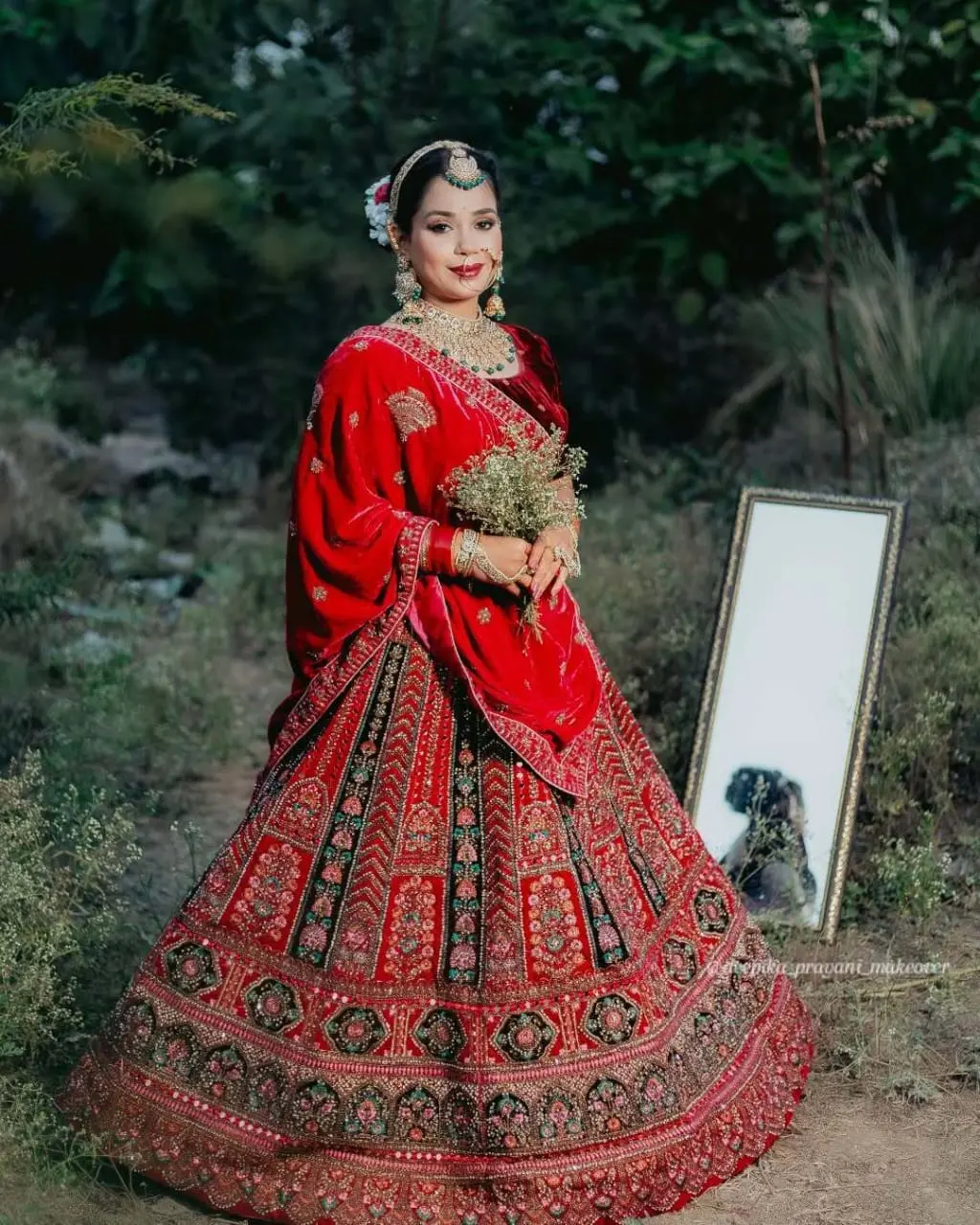 Red Velvet Bridal Lehenga - Zari and Sequin Work Red Velvet Bridal Lehenga with Heavy Zari and Sequin Embroidery